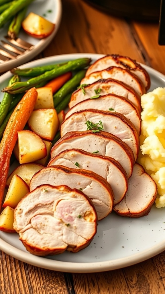 Air Fryer Pork Tenderloin Recipe Sliced air fryer pork tenderloin garnished with herbs, served with roasted vegetables on a rustic table.